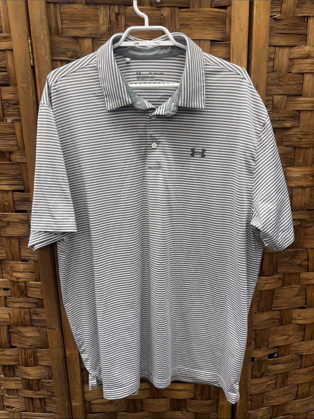 Under Armour Men’s White and Gray Thin-Striped Polo